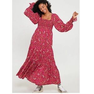 NWOT long sleeve Free People Boho-Chic Smocked Maxi Dress in Vibrant Pink Floral
